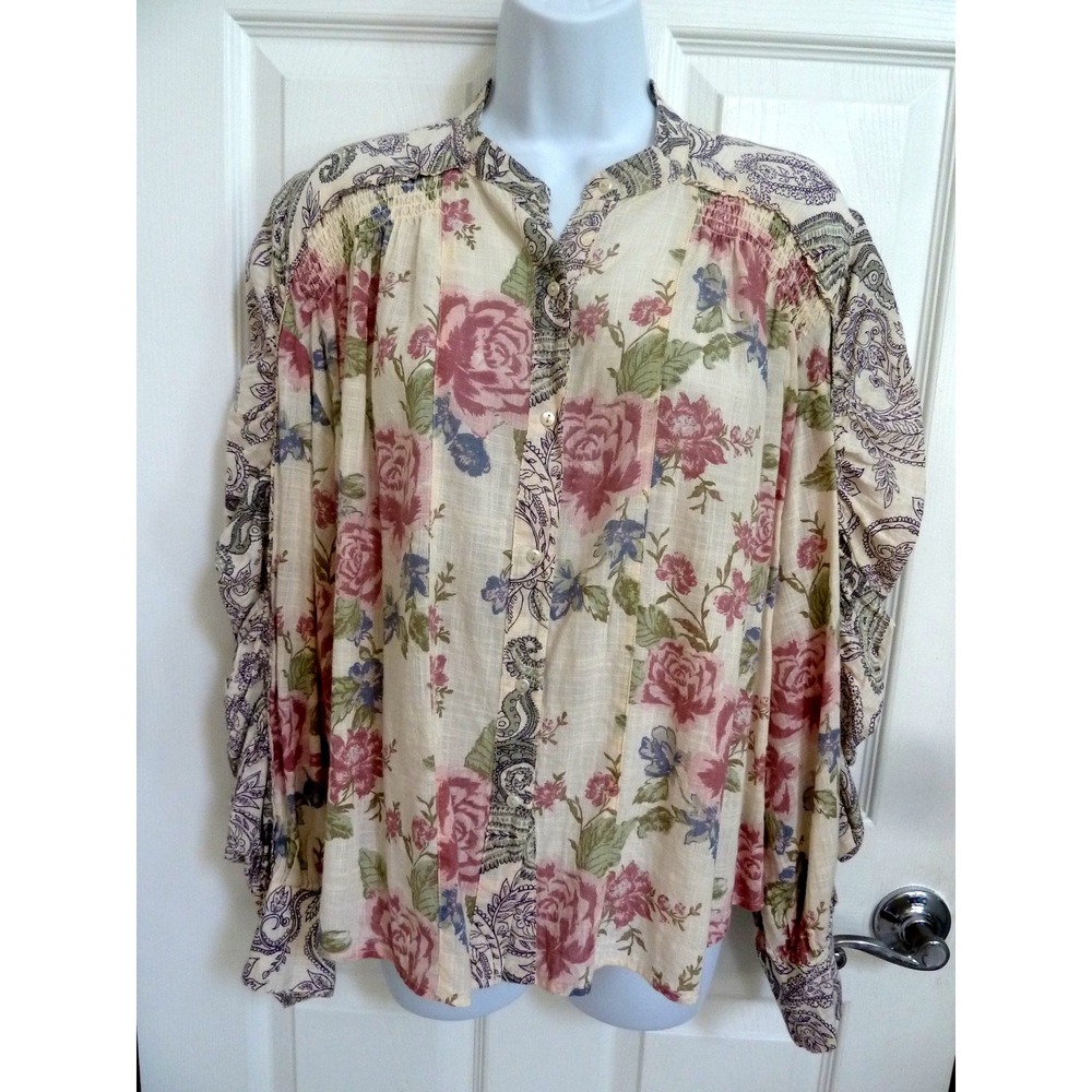 Free People XS Oversized Boho Floral Peasant Blouse Ruched Sleeve Cotton Top